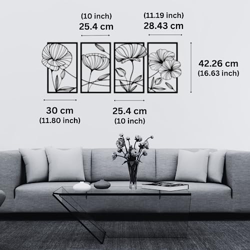 Image of 7 Decore Poppy Bloom Quartet 4-Panel Floral Wood Wall Decor | Wall Hanging Decoration for Living Room, Bedroom, Drawing Room, Dining Room & Office (Black) (Big Size Home Decor)