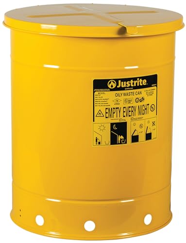 Justrite 14 Gallon Galvanized Steel Oily Waste Can, 20" x 16" Metal Oil Rag Safety Can with Hand Operated Self-Closing Lid for Oil Rag Disposal, Made in The USA, Yellow, 09511