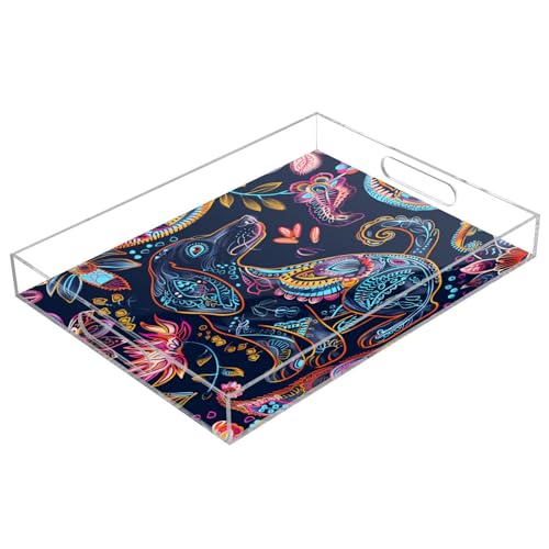 IOACIY Clear Serving Tray 12x16 Inches Acrylic Decorative Tray Organiser for Ottoman Coffee Table Countertop with Handles, Dog (12)
