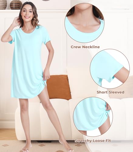Image of NACHILA Women's Nightgowns-Viscose Made from Bamboo,Short Sleeve Nightshirt Crew Neck Sleepshirt Cool Sleepwear