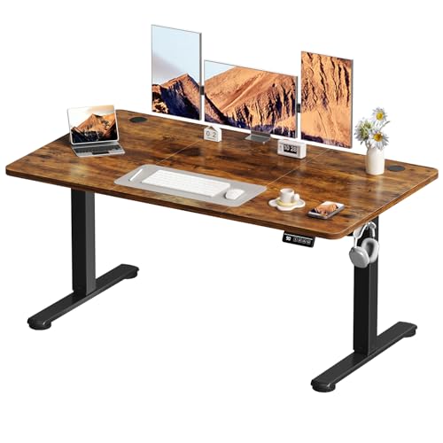 Devoko 140x60 cm Scrivania Regolabile in Altezza, Elettrica per Lavoro in Piedi,Ufficio e Casa, Standing Desk Scrivania Studio in Casa con Piano Assemblato, Marrone