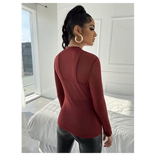 XAOLIUN Se genom nätet utan bh Kvinnors långärmade fashionabla toppar (Color : Burgundy, Size : XS)