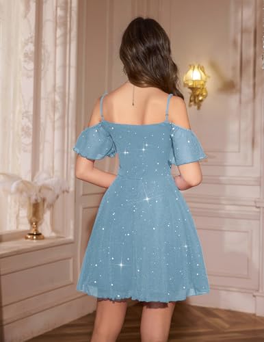 Image of Meetjen Women's Short Cocktail Dresses for Teens Formal Homecoming Sparkly Off Shoulder Tulle Sequin Prom Party Dress