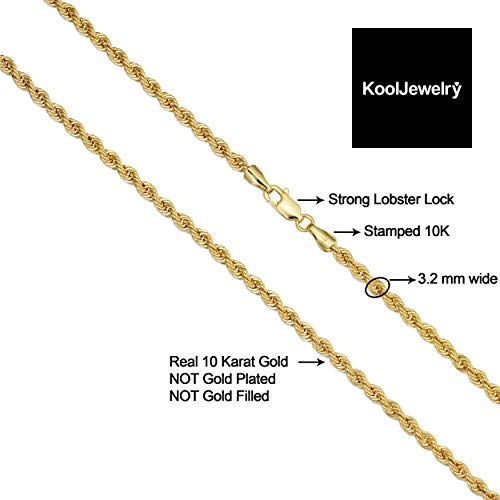 Kooljewelry Mens or Womens 10k Yellow Gold 3.2 mm Rope Chain Bracelet (7.5 or 8.5 inch)2