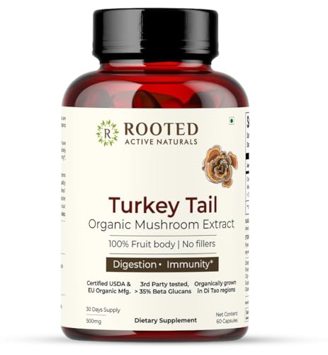 Rooted Turkey Tail mushroom Extract Capsules (60 Veg Caps, 500 mg) | Heart health, Stress Relief, Liver. USDA Organic, 30% Beta Glucans, Certified organic