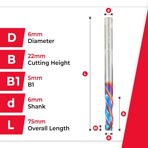 Image of Amana Tool Spektra Extreme Tool Life Coated Solid Carbide CNC Compression Spiral Router Bit, 48320-K, 6mm D x 22mm CH x 6mm Shank x 75mm Long 3 Flute