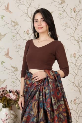 Image of Mlada V-Neck Stretchable Saree Blouse Top for Women | Slim Fit 3 /4th Sleeves Solid Cotton Blouses | Readymade Saree Blouses for Women Festive & Ethnic | Blouse Crop Top