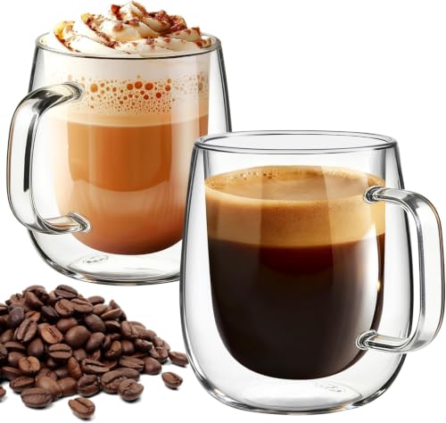 Image of Double Wall Glass Cups, 240 Ml, Insulated Tea & Coffee Cups, Hot & Cold Drinks, Coffee, Tea, Milk, Cappuccino, Juice, Microwave Safe, Stylish Espresso Chocolate Beverage, Pack of 2