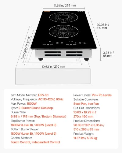 Image of VEVOR Built in Electric Stove Top,Electric Induction Cooktop 12In 2 Burners, Induction Cooktop, Touch & Independent Control, 9 Power Levels, Easy-Clean Ceramic Glass, Child Lock, 1800W, 110V US Plug