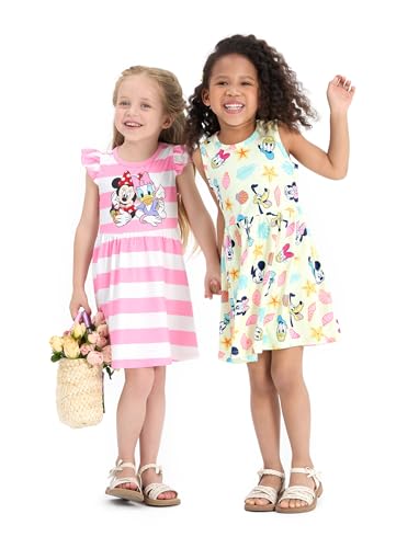 Image of Disney Frozen Elsa Princess Minnie Mouse Stitch Toddler Girl Dresses 2 Pack Short Ruffle Sleeve Costume Set Outfit 2-13 Years