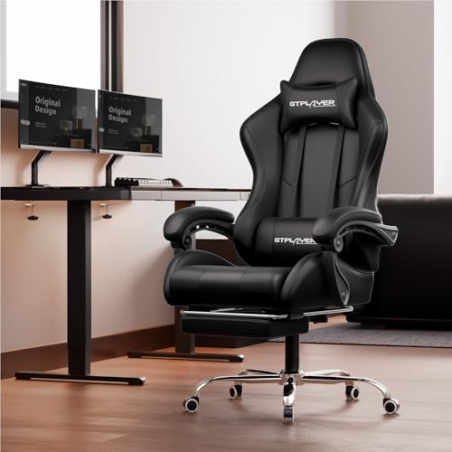 GTPLAYER #1USA Ergonomic Gaming Chair with Massage Lumbar Cushion & Footrest, PU Leather Office Chair for Work, Study Chair for Home, Linked Armrests, Adjustable Headrest, 1 Year Warranty (Black-Fab)
