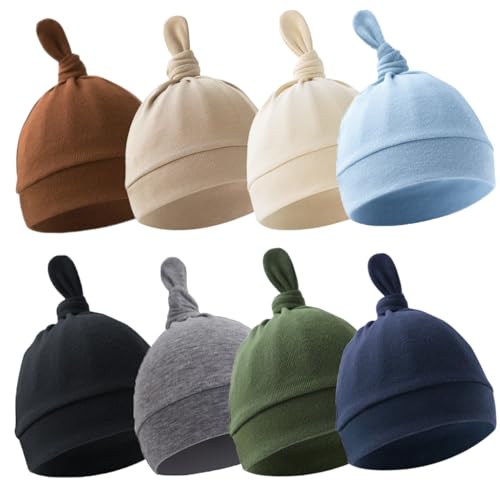 Image of BEoffer 8 Pack Baby Newborn Hats Set Top-Knot Beanie Soft Stretchable Hats Adjustable Caps for Infant Girls Boys 0-6 Months