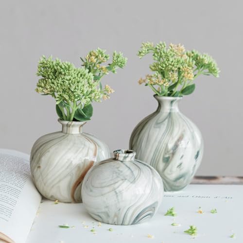 Creative Co-Op Decorative Stoneware Vases with Marbled Designs, Green, Set