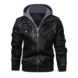 HOOD CREW Men’s Casual Stand Collar PU Faux Leather Zip-Up Motorcycle Bomber Jacket With a Removable Hood