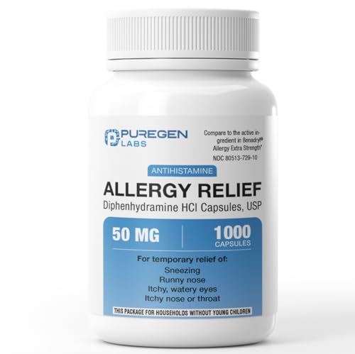 Puregen Labs Diphenhydramine HCl 50 mg Capsules 1000 Count Antihistamine I Allergy & Cold Symptoms Relief - Sneezing Runny Nose Itchy Eyes & Throat