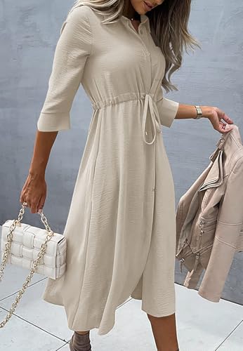 Image of Febriajuce Women's 3 /4 Sleeve Midi Dress Casual Drawstring Belted Round Neck Plain Tie Waist Loose High Waist Long Dress