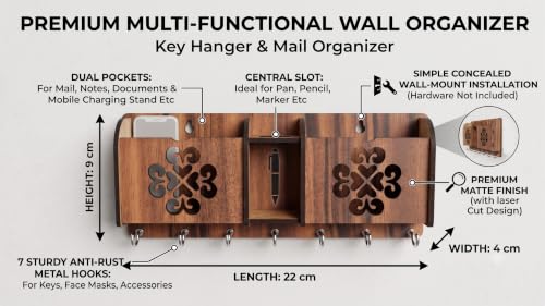 Image of Wall Mount Key Holder & Mail Organizer | Laser-Cut Key Hanger with 7 Metal Hooks, Letter Rack & Pen Stand | Wooden Wall Decor for Entryway, Living Room, Home & Office (EleganceNest)