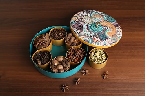 Image of R Ayurveda Copper Metal Magnetic Steel Handcrafted Spice Box Set For Kitchen With Spoon (7 Containers, 40 Ml each) - Masala Box size 8 Inches diameter For Kitchen and Candy organization