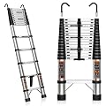 Telescoping Ladder 14.5 FT Stainless Steel Extension Ladder with 2 Detachable Hooks, Portable Multi-Purpose Collapsible Telescope Ladder for Home,RV,Outdoor Work,330lbs Max Capacity
