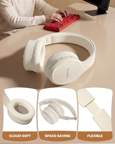 Image of TuneFlux Bluetooth Headphones,70H Playtime Bluetooth 6.0 Wireless Headphones,3 EQ Music Modes Foldable Lightweight Over Ear Headset with Clear Call,HiFi Deep Bass for Home Office Travel (Beige)