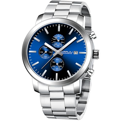 CRRJU Mens Stylish Casual Quartz Watches for Men Luxury Waterproof Calendar Chronograph Japan Movement Wristwatches S silver blue