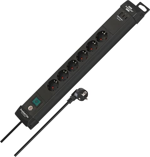 Brennenstuhl Premium-Line Multiprise 6 Prises avec 2 Ports USB C PD 65 W et USB A 18 W (fabriqué en Allemagne, boîte de Distribution avec Interrupteur et câble de 3 m, Bloc multiprise pour Montage