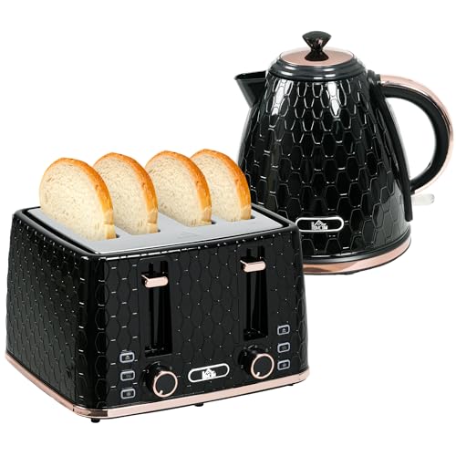 HOMCOM Wasserkocher Toaster Set 1,7L Wasserkocher 4 Toastscheiben Frühstücksset mit 7 Bräunungsstufen, automatischer Abschaltung, Auftau- & Aufwärmfunktion und Krümelfach, Schwarz