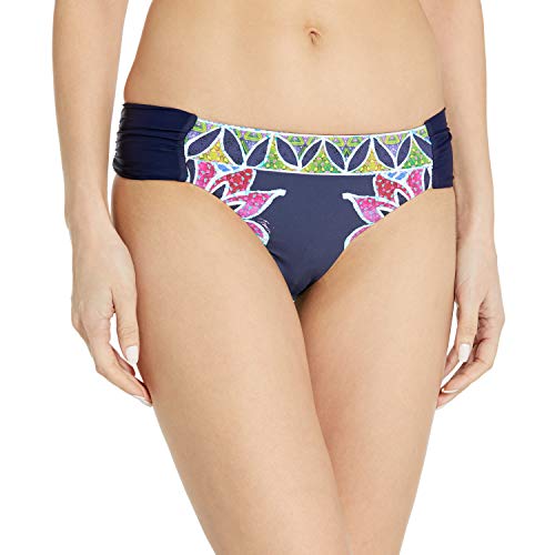 Trina Turk Women's Shirred Side Hipster Pant Bikini Swimsuit Bottom, Navy/Lotus Batik Print, 8