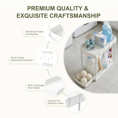 COLMO 2 Pack Organizador Bajo Fregadero 2 Niveles con Cajón Extraíble, Blanco, 15 x 14.3 x 7.8 pulgadas, 8 Ganchos Incluidos, Montaje sin Herramientas, Plástico ABS miniatura 2