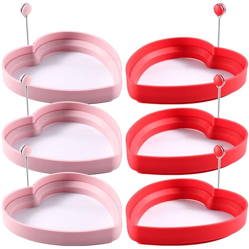 CHMKMPZG 6 Pcs Heart Shaped Pancake Mold Silicone Egg Molds Fried Egg Ring Set with Silicone Handle for Making Sandwich Omelets, Valentine's Day Gift for Breakfast (Red,Pink)