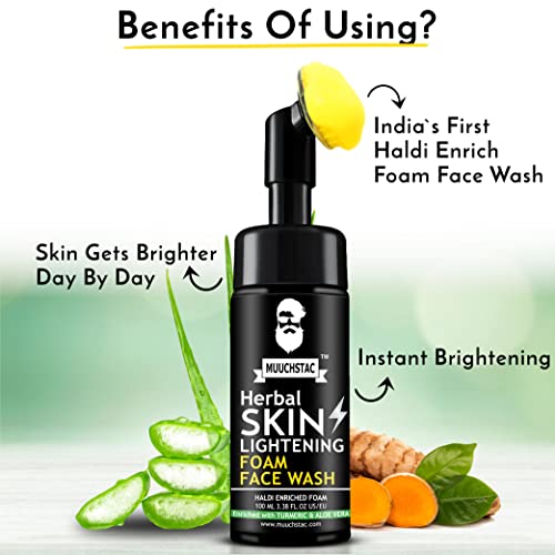 Muuchstac Herbal Skin Lightening Haldi Enriched Yellow Foam Face Wash For Men, With Haldi(Turmeric) & Aloe Vera Extracts For Skin Brightening And Nourishment-100 ML