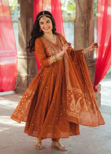 Image of GoSriKi Rust Anarkali Kurta Set for Women with Dupatta | Cotton Kurti Set for Woman | Embroidered Anarkali Suit for Women Kurti Pant Set with Dupatta | Suit Set for Women Latest