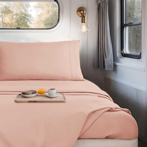 Image of Nestl Blush Pink Short Queen Sheets for RV, Hotel Luxury RV Queen Sheets Set, 4 Piece Fitted Bed Sheet Set and Pillowcases, Super Soft, Wrinkle-Free, and Breathable Camper Bedding