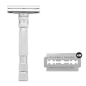 ROCKWELL RAZORS T2 White Chrome Safety Razor for Men and Women with Infinite Shaving Settings, 25 Fully Recyclable Blades and Travel Leather Bag