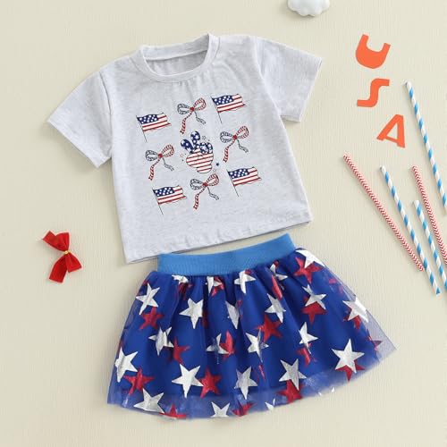 Image of Kayotuas Toddler Baby Girl 4th of July Outfit American Flag Shirt Red Blue Stars Tulle Tutu Skirts Kids Fourth of July Dress