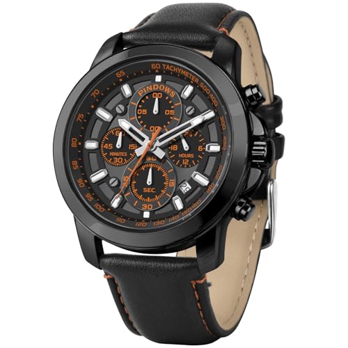PINDOWS Relojes de pulsera para hombre, analógico, cronógrafo, cuarzo, resistente al agua, para negocios, informal, correa de cuero negro y marrón, Black Case Black Band Orange Face, Moderno PINDOWS Relojes de pulsera para hombre, analógico, cronógrafo, cuarzo, resistente al agua, para negocios, informal, correa de cuero negro y marrón, Black Case Black Band Orange Face, Moderno
