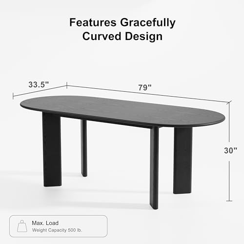 Image of Casaphoria 79 inch Farmhouse Dining Table for 6，Wood Oval Living Room Table, Modern Kitchen Table with Sturdy Base & Thickened Tabletop, Easy to Assembly & Clean, Black