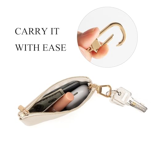 Image of Full Grain Leather Coin Purse with Key Chain - Small Change Purse Keychain Card Holder Keychain Pouch Small Keychain Wallet for Women and Men (Creamy-white, Large Size)