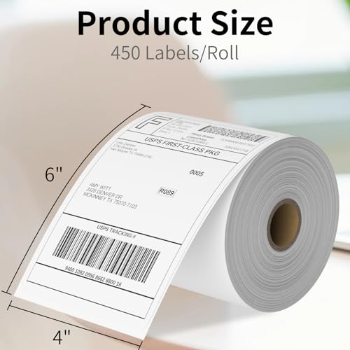 Image of 4 inch x 6 inch Direct Thermal Labels Roll, 450 Labels /Roll, White Perforated Shipping Labels Compatible with Zebra, Elton Printers(1 Roll)