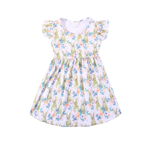 Easter Toddler Kids Girls Dress Bunny Eggs Flutter Sleeve Outfits 3-8Y