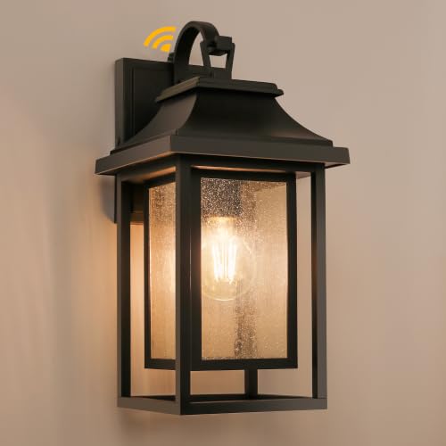 LUTEC 15 Inch Dusk to Dawn Outdoor Wall Sconce Matte Double Metal Frame Outdoor Light Fxture with E26 Base Waterproof Seeded Glass Porch Light for Doorway