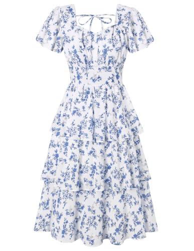 Image of Belle Poque Women's Vintage Square Neck Dress 2026 Summer Short Sleeve Layered Tiered Ruffle A-line Swing Midi Dress