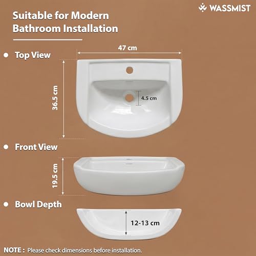 Image of WASSMIST Wash Basin | Wall Hung Wash Basin for Bathroom with 10 Year Glaze Warranty | Premium Ceramic Semi Round Basin with Tap Hole (18.5 X 14.4 X 7 Inch)