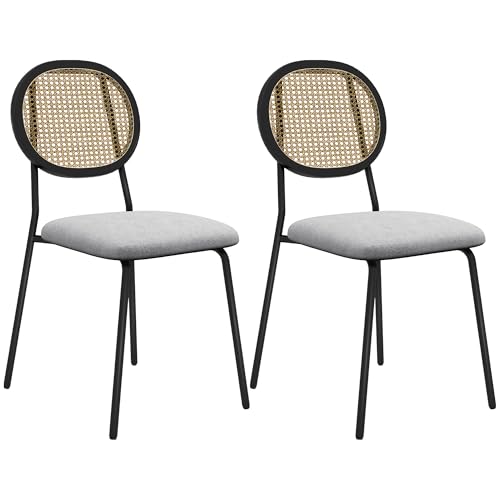 HOMCOM Lot de 2 chaises Salle à Manger, Style bohème avec Dossier en résine tressée, chaises de Cuisine en Tissu Effet Lin Respirant, Cadre en Acier, pour...