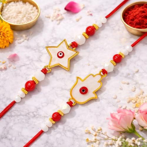 Image of Riddhika Ventures Elegant Evil Eye Rakhi for Protection from Negative Energy (Set Of 2) With Roli Chawal And Greeting Card (V1W1)