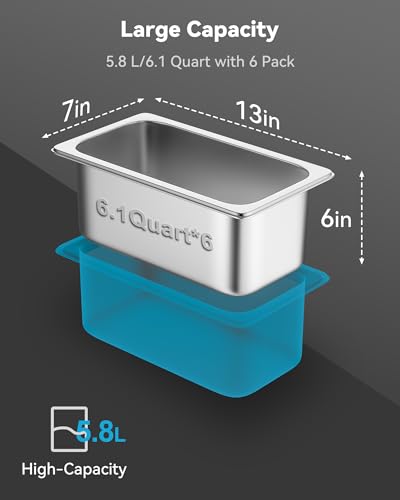 Image of ZeroPone 6 Pack Hotel Pans 1 /3 Size 6 inch Deep Stainless Steel Steam Table Pan