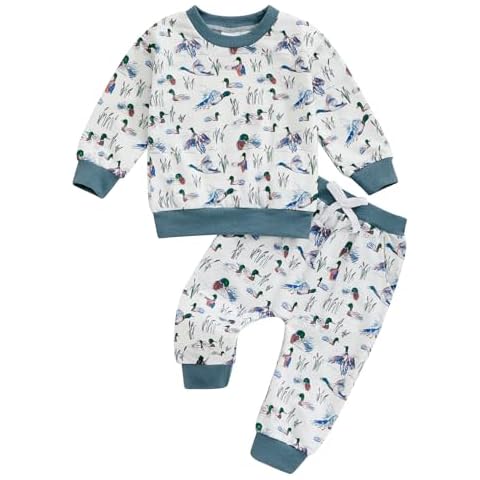 Pudcoco Toddler Baby Boys Girls Fall Clothes Mallard Duck Hunting Embrodidery Sweatshirt and Pants Outfit Set (Blue, 6-12 Months) Cover