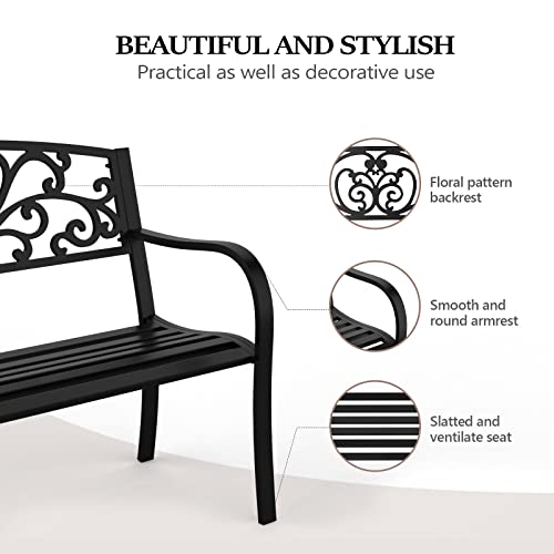 Image of VINGLI Outdoor Bench for Patio Metal Garden Bench w /PVC Back Pattern, Black Park Benches Front Porch Benches for Yard Lawn Decor Deck Entryway (Black-Floral)