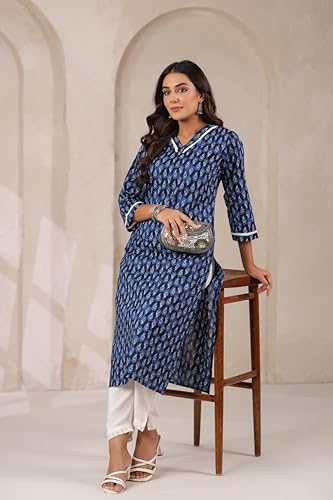 Image of Ichaa Women's Pure Cotton A-Line Ethnic V-Neck Kurta with 3 /4th Sleeve for Daily and Office Wear, in Plus Sizes