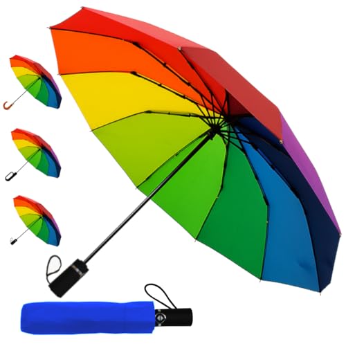 Rare 12 Rib Rainbow Umbrella Automatic Compact - 50MPH Strong Windproof Small Umbrella Folding Foldable Frame - Best for Auto Open and Close - Multicoloured Bright - Easy Grip Handle